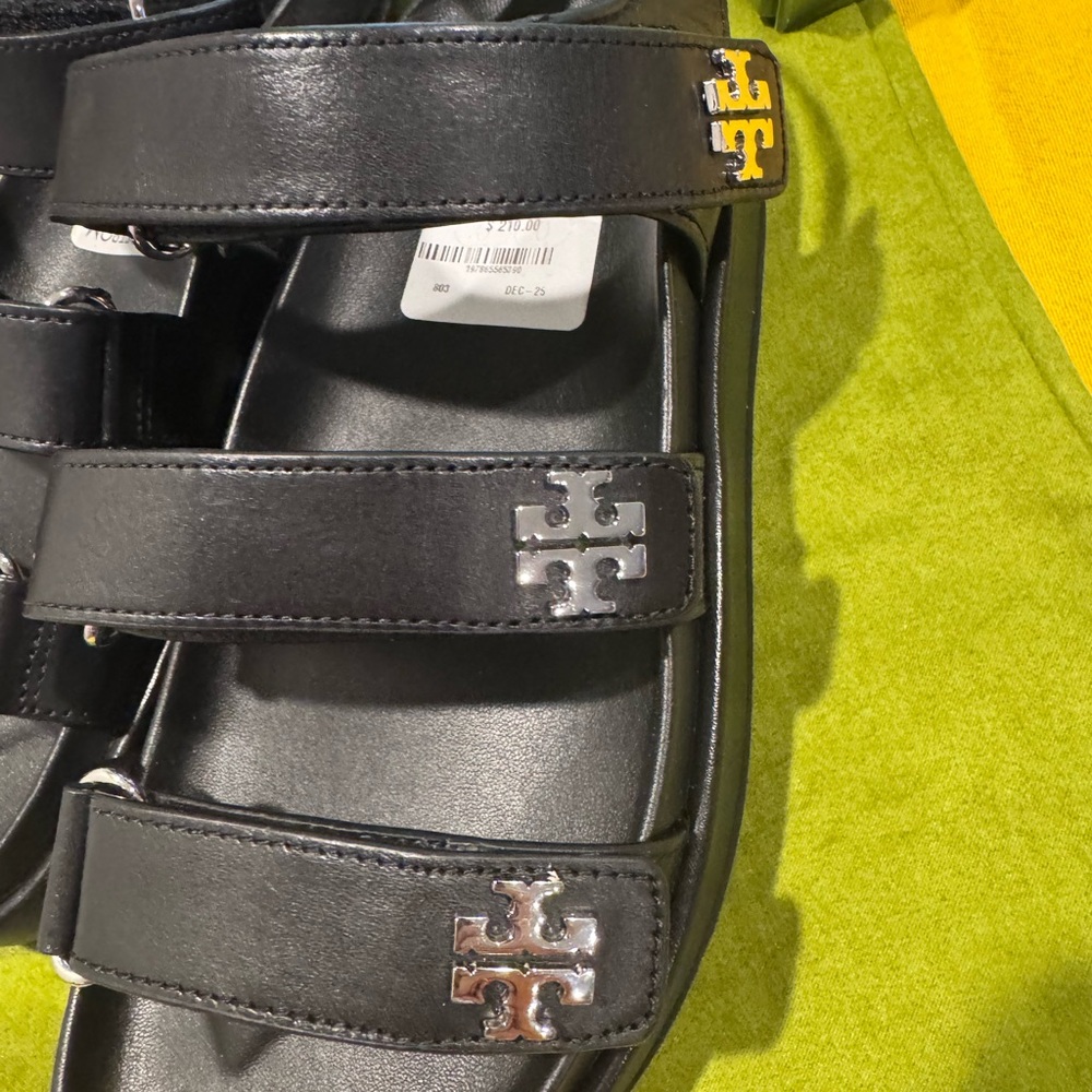 Tory Burch Black Leather Triple-Strap Logo Sandals - Picture 4 of 8